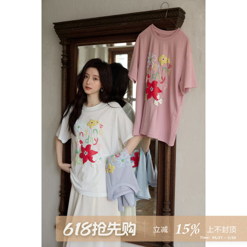 夕蒙2026新款夏季韩系休闲独特上衣慵懒宽松显瘦圆领印花短袖t恤