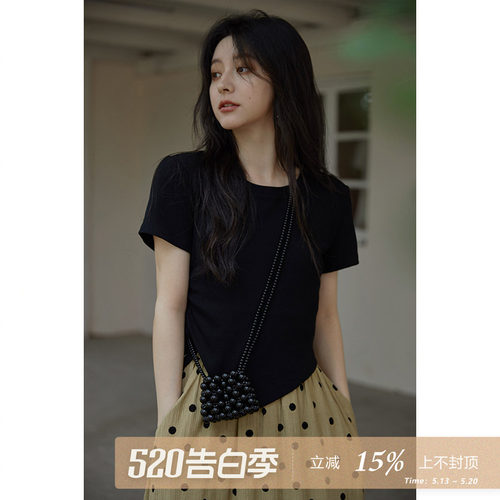 短袖黑色修身设计感不规则T恤女