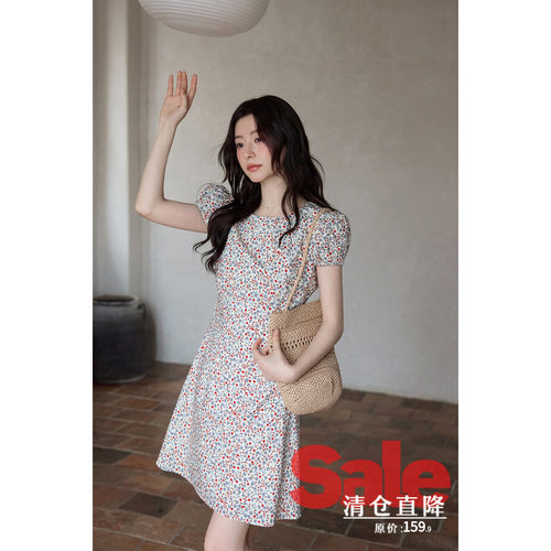 【夏末清仓】夏季韩系绝美裙子复古收腰碎花裙圆领短袖a字连衣裙