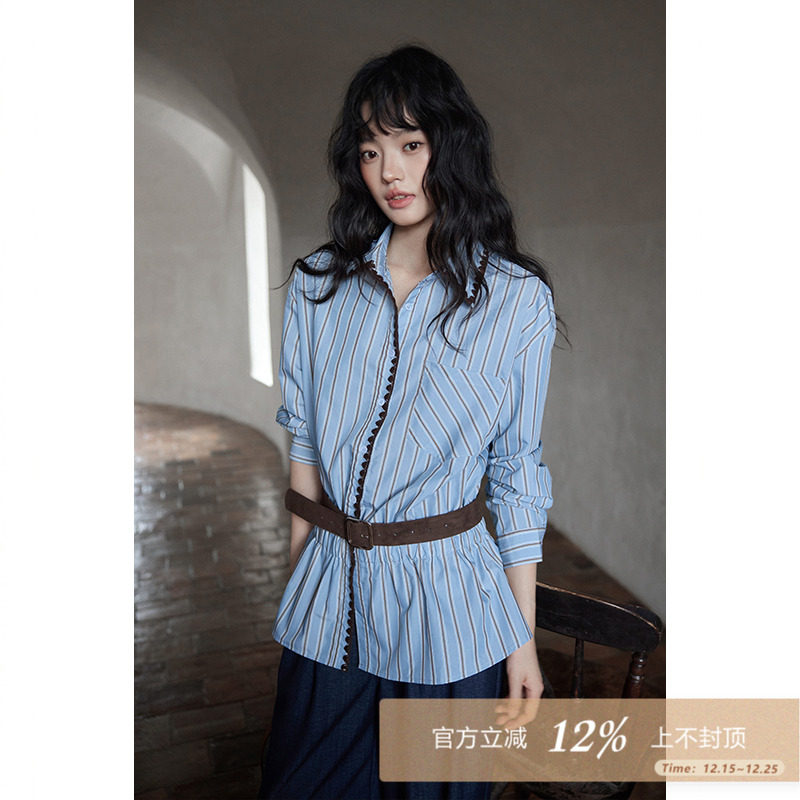 夕蒙2025新款秋法式小资上衣高级感轻奢独特减龄洋气浅蓝条纹衬衫
