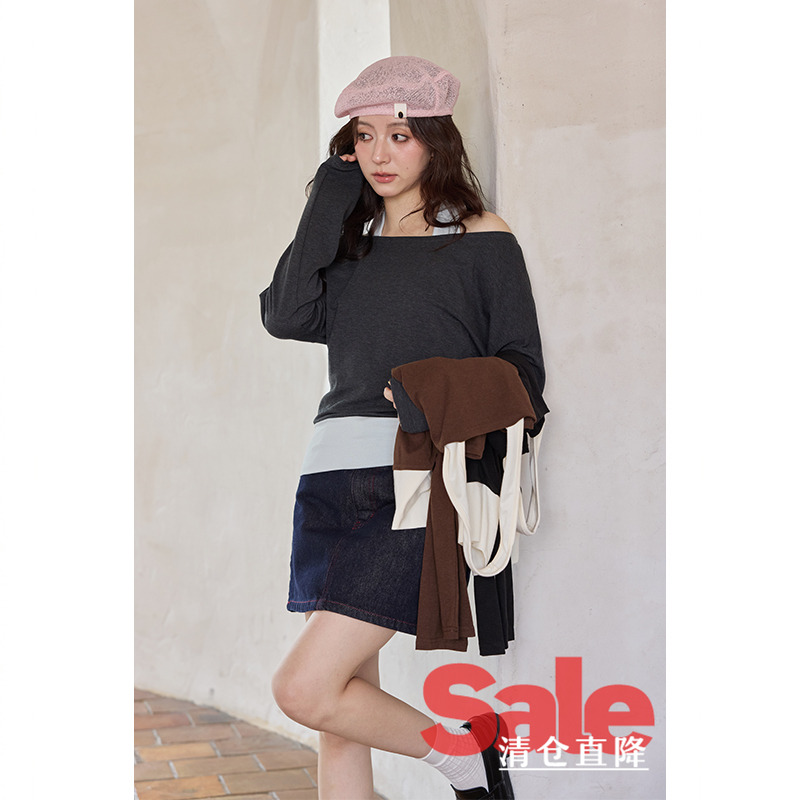 【清仓秒杀】早秋韩系高级感chic别致上衣小众露肩假两件长袖t恤