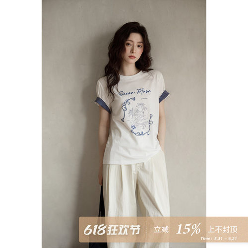 夕蒙2026新款夏季韩系休闲漂亮上衣松弛修身撞色印花圆领短袖t恤