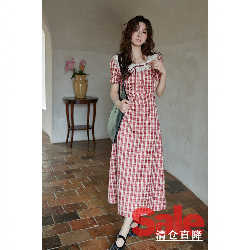 【直降清仓】夏韩系气质流行裙子小个子设计感蕾丝格纹短袖连衣裙