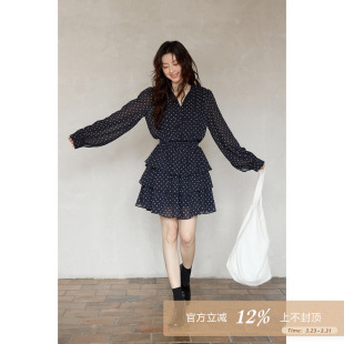 夕蒙2026新款 韩系气质裙子绝美独特漂亮小个子藏青波点连衣裙 春季
