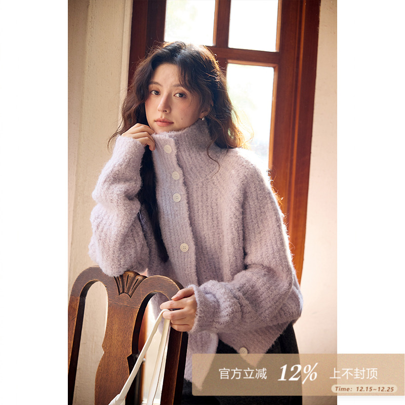 夕蒙2025新款冬季韩系气质上衣小众宽松慵懒风松弛感紫色高领毛衣