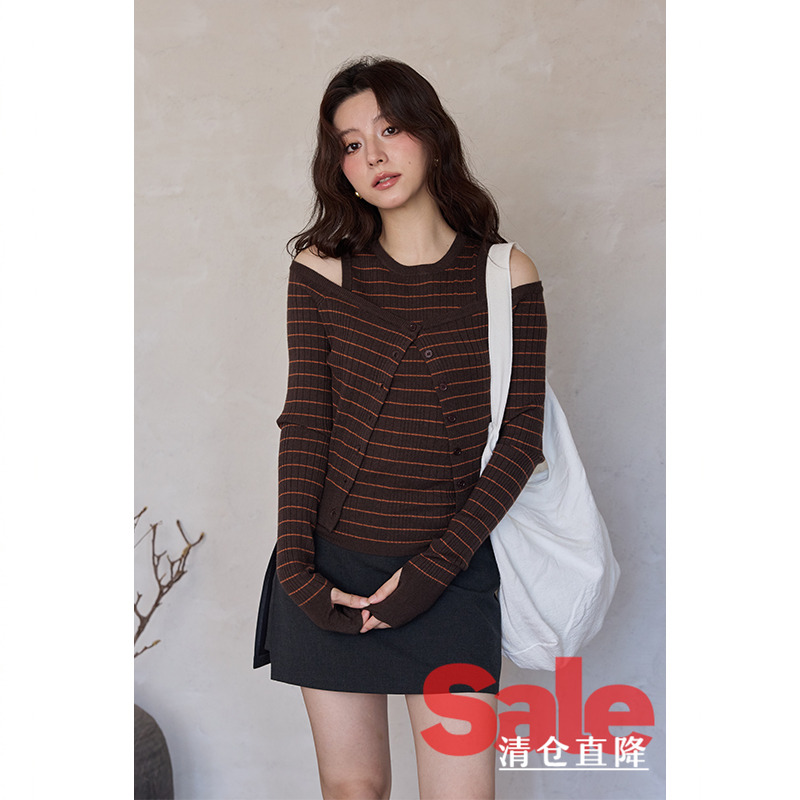 【清仓秒杀】早秋氛围感穿搭气质上衣设计感小众条纹针织衫两件套