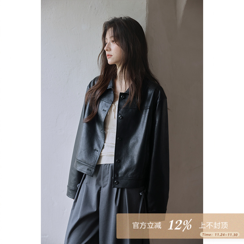 夕蒙2025新款秋季韩系气质酷炫风小个子小众别致独特黑色皮衣外套