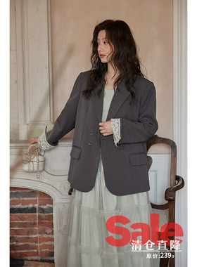 【清仓秒杀】春秋小个子设计感高级小众独特蕾丝拼接灰色西装外套