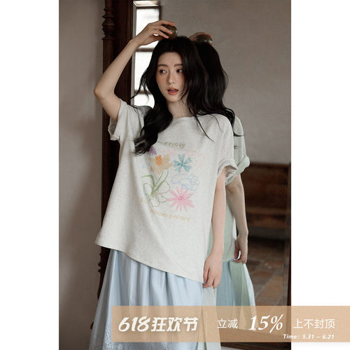 夕蒙2026新款春夏韩系休闲上衣慵懒松弛宽松显瘦圆领印花短袖t恤