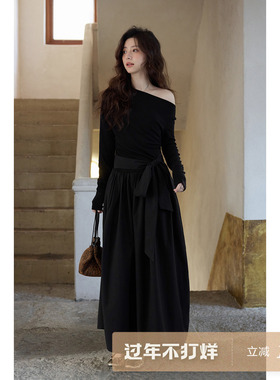 夕蒙2026新款春季韩系气质小众裙子独特斜肩巨好看绝美黑色连衣裙