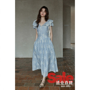 【清仓秒杀】夏法式温柔风裙子小个子小众独特蓝色v领条纹连衣裙