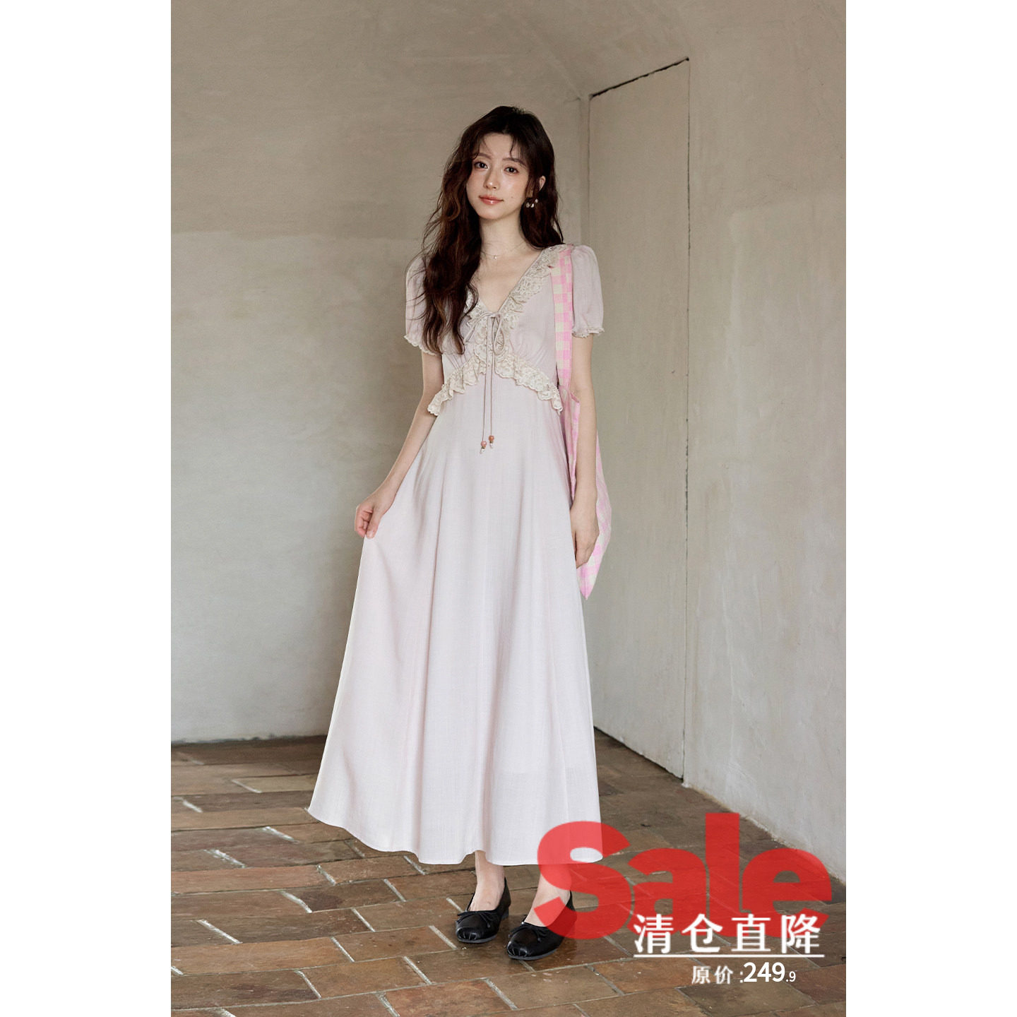 【夏末清仓】夏季韩系独特好看裙子收腰长裙粉色花边v领连衣裙女图片
