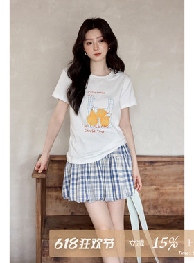 夕蒙2026新款夏季韩系好看上衣原创设计印花白色圆领正肩短袖t恤