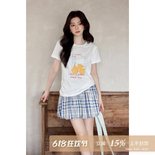 夕蒙2026新款夏季韩系好看上衣原创设计印花白色圆领正肩短袖t恤