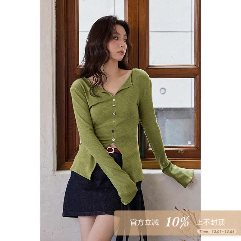 夕蒙2025新款早秋韩系高级感chic别致上衣修身气质v领长袖t恤女