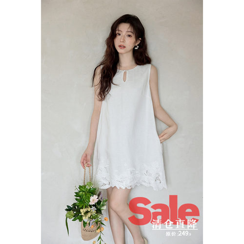 【夏末清仓】夏季韩系气质裙子宽松显瘦白色短款提花无袖连衣裙女 - 封面