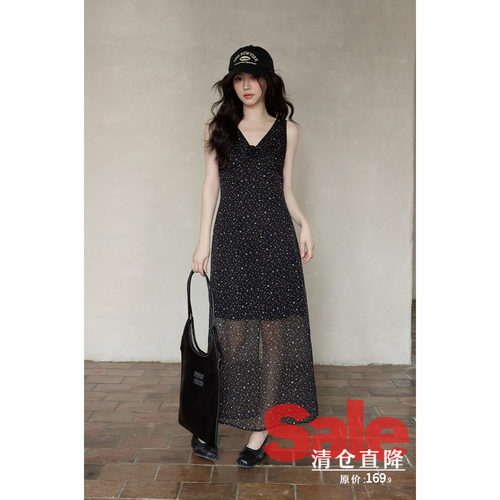 【夏末清仓】夏季韩系雪纺裙子黑色v领长款碎花无袖背心连衣裙女