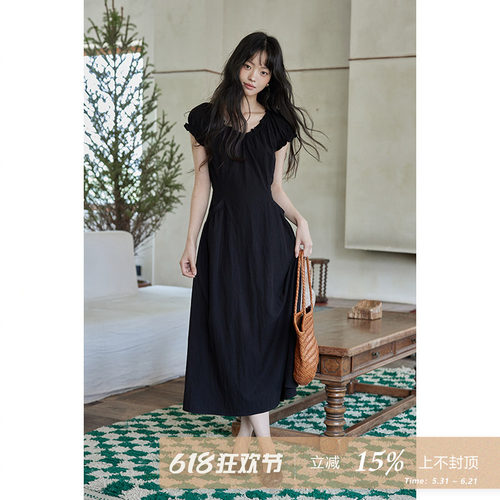 夕蒙2026新款夏韩系气质裙子小个子高级小众黑色收腰显瘦连衣裙女