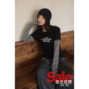 韩系气质设计感高级小众绝美上衣条纹假两件t恤 秋季 清仓秒杀