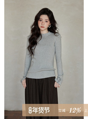 夕蒙2026新款春季韩系气质上衣小个子绝美修身圆领套头灰色针织衫