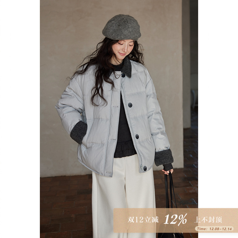 夕蒙2025新款冬季韩系设计感小个子保暖撞色拼接翻领羽绒服外套女