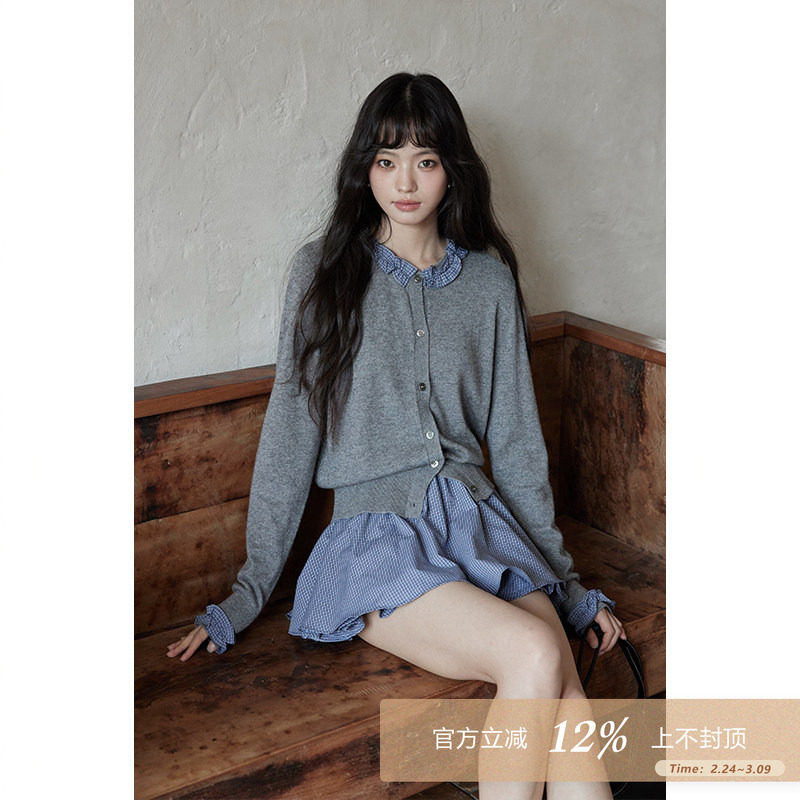 夕蒙2026新款春秋韩系气质上衣小个子薄款小众拼接长袖针织开衫女