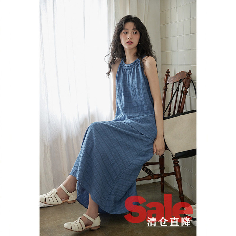 【清仓秒杀】春夏小个子法式气质蓝色挂脖格子衬衫半身裙套装女