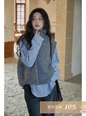 夕蒙新款设计感小众马甲法式灰色背心毛衣女小个子无袖上衣秋冬季