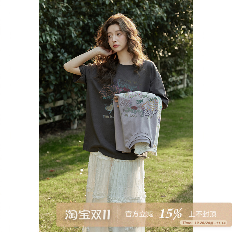 夕蒙2025新款夏韩系宽松慵懒风高级感上衣别致绝美小众短袖t恤女