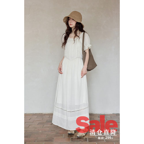【夏末清仓】夏季韩系天丝苎麻裙子海边旅游蕾丝花边长款连衣裙女