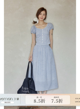 【夕蒙新品】夏季韩系好看上衣蓝色v领格纹短袖衬衫两件套装裙子