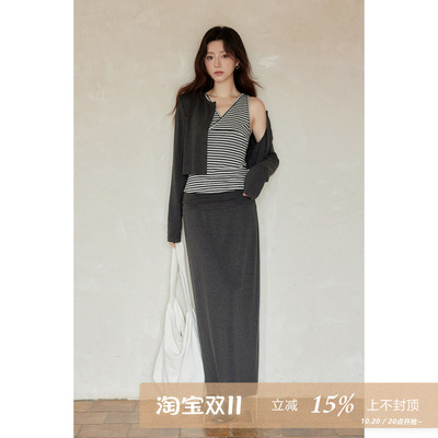 夕蒙2026新款秋季韩系穿搭一整套装深灰色条纹背心外套开衫半身裙