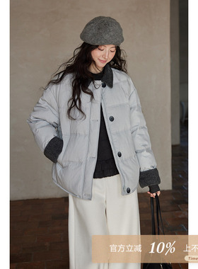 夕蒙2025新款冬季韩系设计感小个子保暖撞色拼接翻领羽绒服外套女