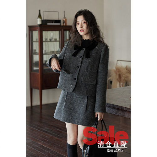 【反季清仓】秋冬气质时尚学院风高级小个子毛呢外套半身裙套装女