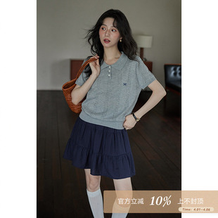 学院风气质短袖 夕蒙2026新款 夏季 灰色薄款 上衣 内搭小个子针织衫