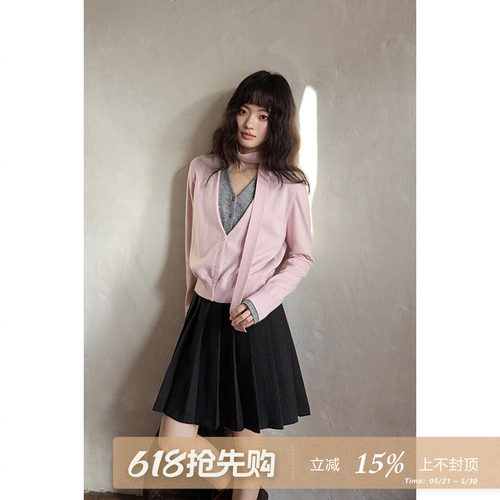 夕蒙2026新款春季韩系气质上衣小个子绝美漂亮假两件飘带针织衫女