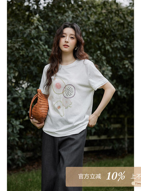 夕蒙2026新款春夏韩系气质好看时尚上衣白色水果印花正肩短袖t恤
