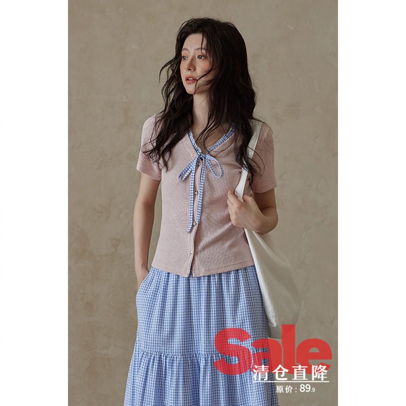 【清仓秒杀】夏韩系修身上衣独特别致高级小众绝美粉色开衫t恤女