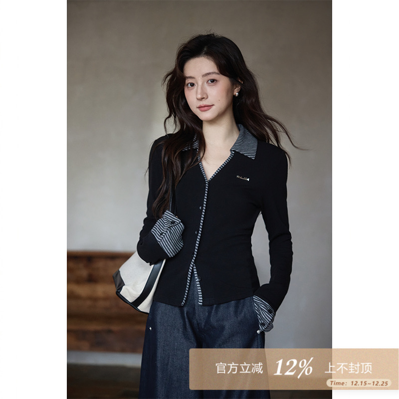 夕蒙2025新款秋韩系气质上衣小个子设计感小众黑色拼接v领t恤女