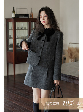 夕蒙2025新款秋冬气质时尚学院风高级小个子毛呢外套半身裙套装女