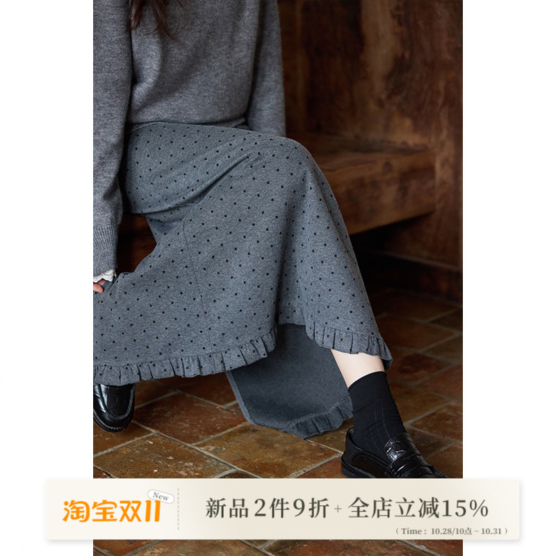 新品2件9折/秋冬韩系气质裙子小个子小众独特高级灰色波点半身裙