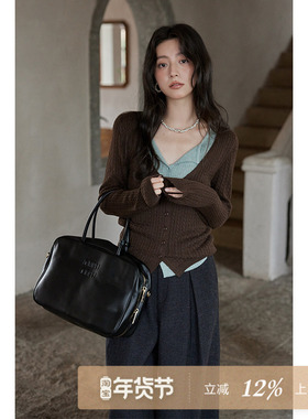夕蒙2025秋修身显瘦上衣小众时尚流行洋气高级假两件短款针织衫秋