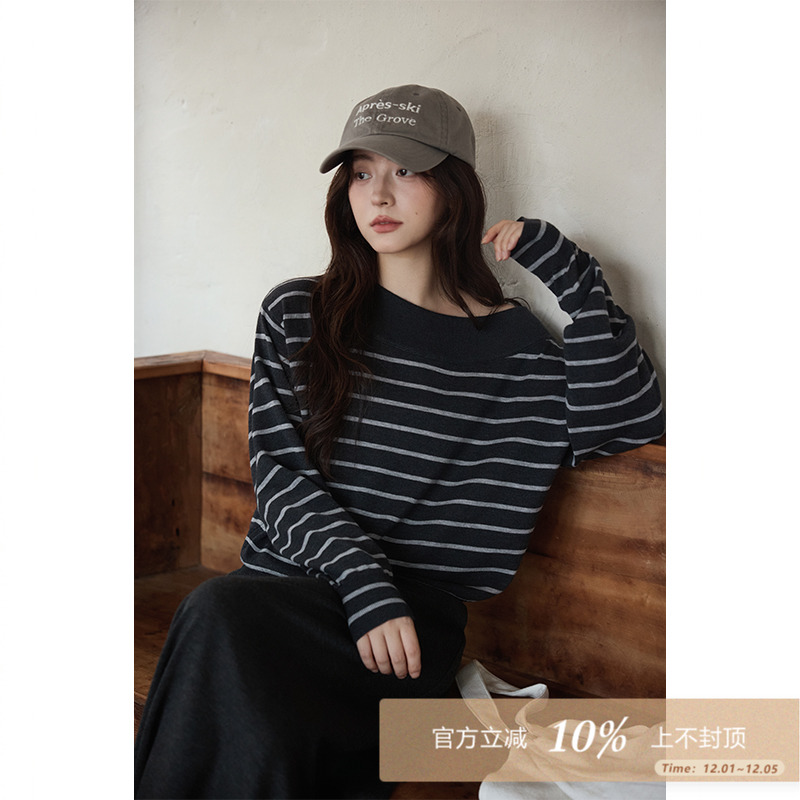 夕蒙2025新款秋韩系气质上衣小个子独特别致慵懒灰色条纹针织衫女