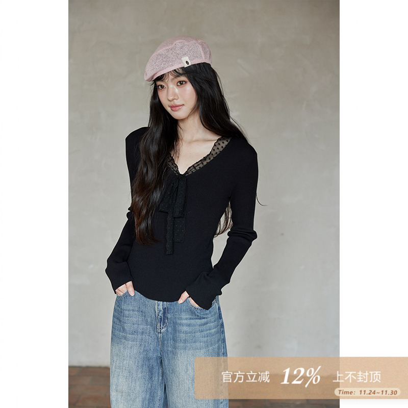 夕蒙2025新款早秋韩系气质上衣小个子小众独特修身v领长袖针织衫