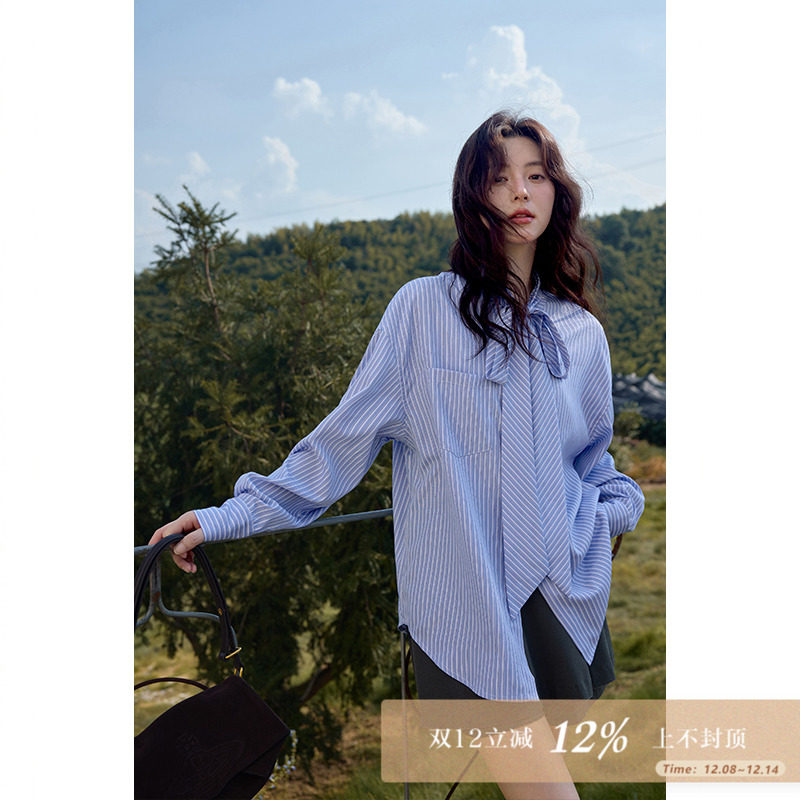 夕蒙2025新款秋季韩系慵懒松弛感上衣小个子小众条纹领带长袖衬衫