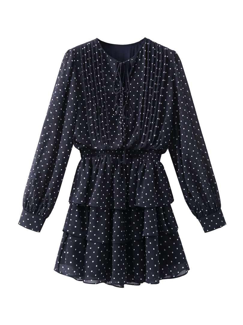 Black long-sleeve polka dot ruffle dress on a white background