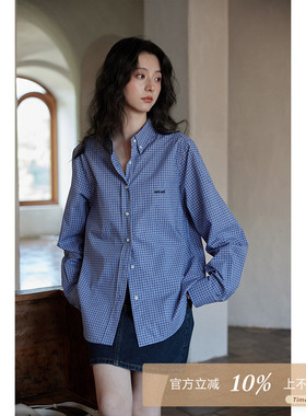 夕蒙2026春秋季长袖气质上衣外套高级感宽松小个子蓝色格子衬衫女