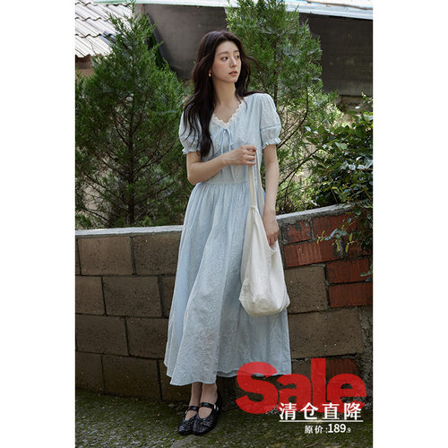 【清仓秒杀】夏韩系气质裙子小个子小众独特别致v领收腰连衣裙女