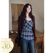 针织外套两件套 春秋韩系上衣小个子独特别致格纹衬衫 大额立减