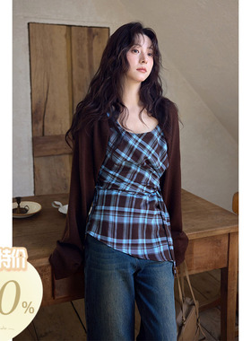 【大额立减】春秋韩系上衣小个子独特别致格纹衬衫针织外套两件套